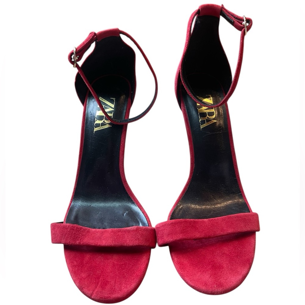 Rare! Zara Wine Red Burgundy Suede Leather Single Strap Ankle High Heel Sandals